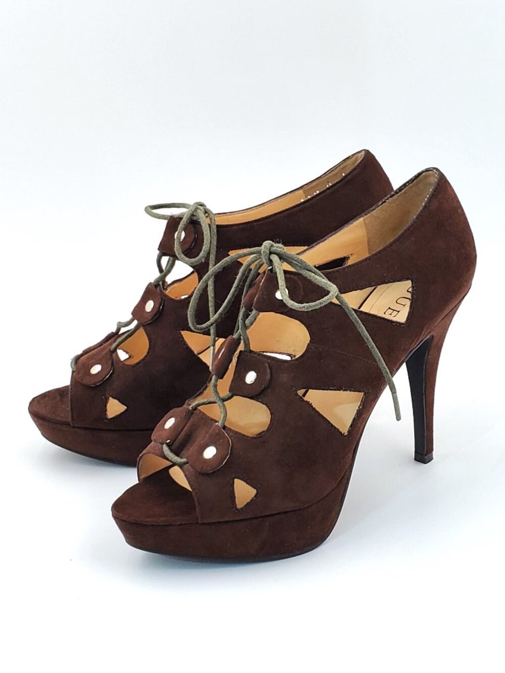“GUESS” Brown Suede Lace-Up Platform Heels – 4 ½ Inch – Size 7 ½ M